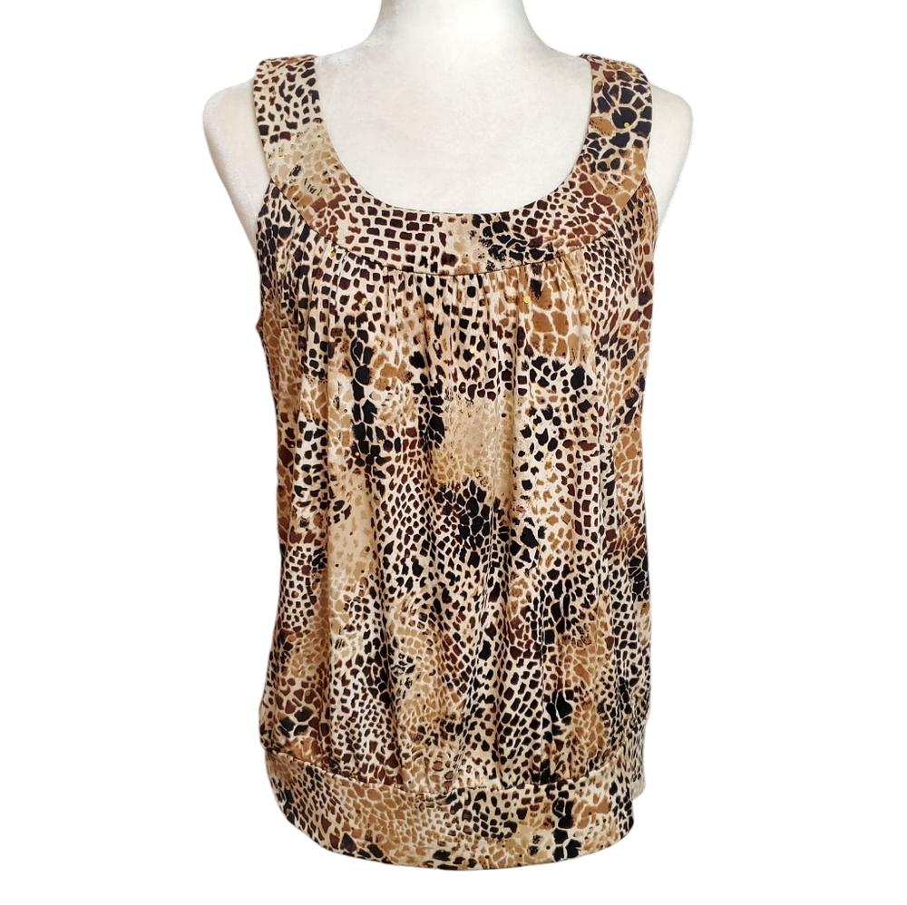 BCX Womens Blouse Brown Animal Print Banded Hem Sleeveless Top Size Large